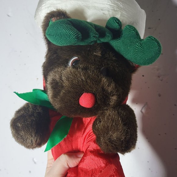 Vintage Rudolph Reindeer Red Nose Plush Nylon 3D Puffy Parachute Stocking - Picture 4 of 9